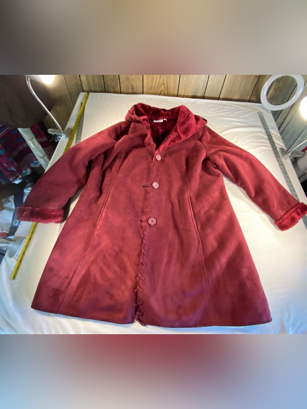 Denim & Co Women’s XL Burgundy Wine Faux suede Fleece Lined Hooded Coat D. & Co